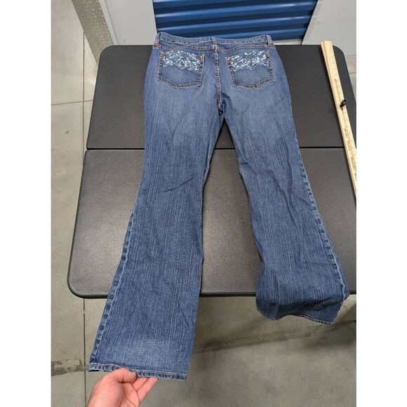 Kikit Jeans Flared Blue Denim Embroidered Pockets Pants Women's Size 12 - Picture 3 of 8
